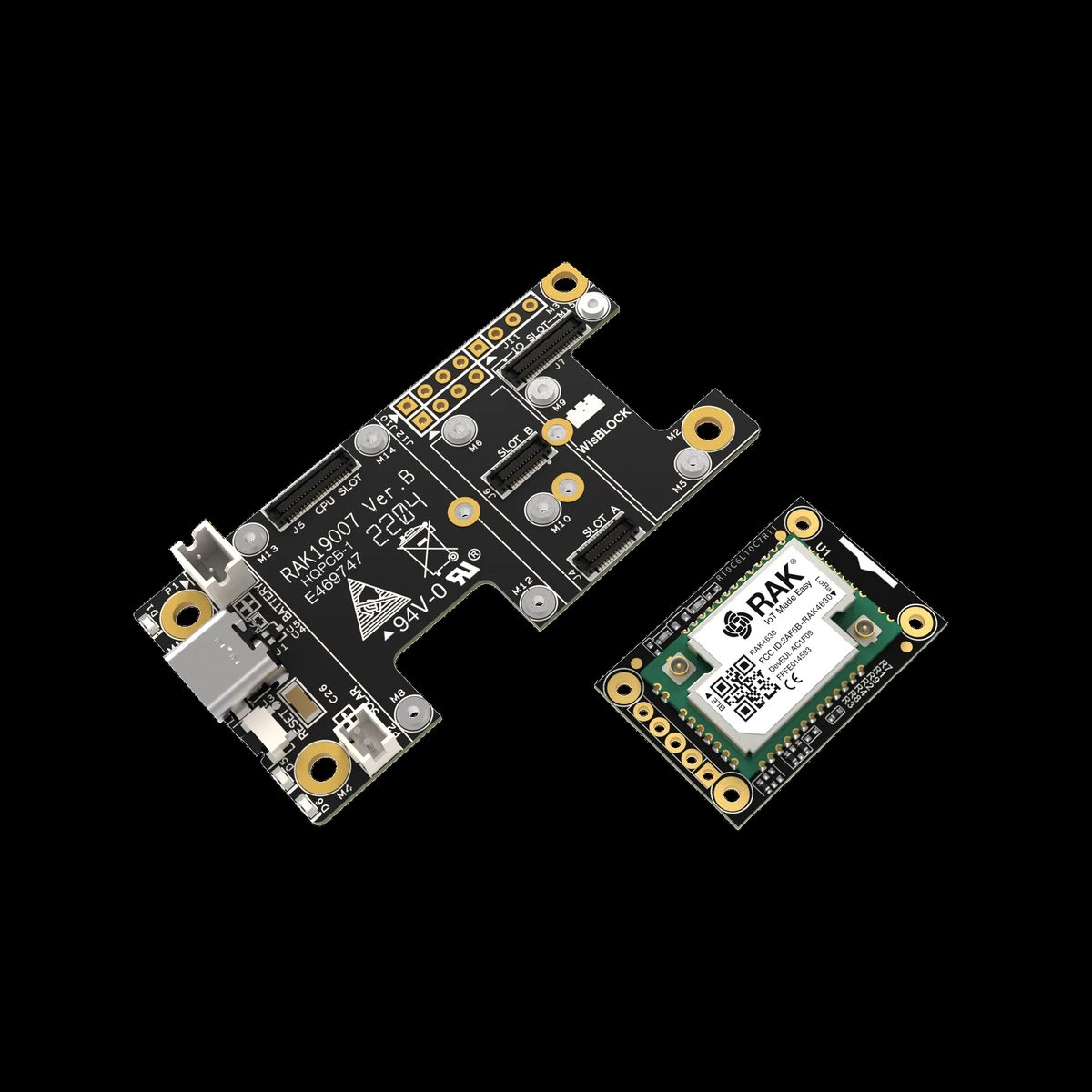 RAK Wireless WisBlock Starter Kit — base board with RAK4631 core module unsocketed alongside